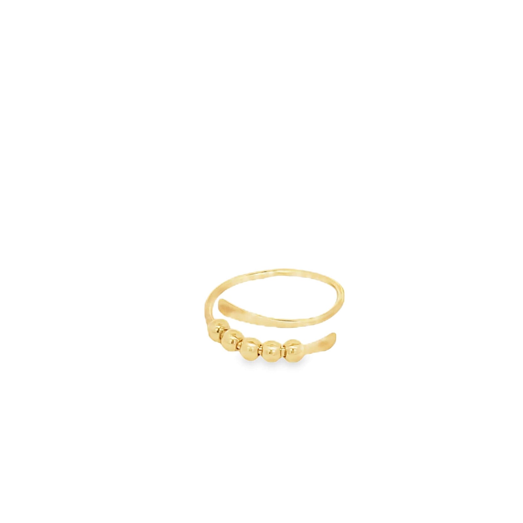 A gold adjustable anxiety ring features a row of small sliding beads against a clean white background.
