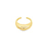 A polished gold dome ring with an open band rests on a clean white background.