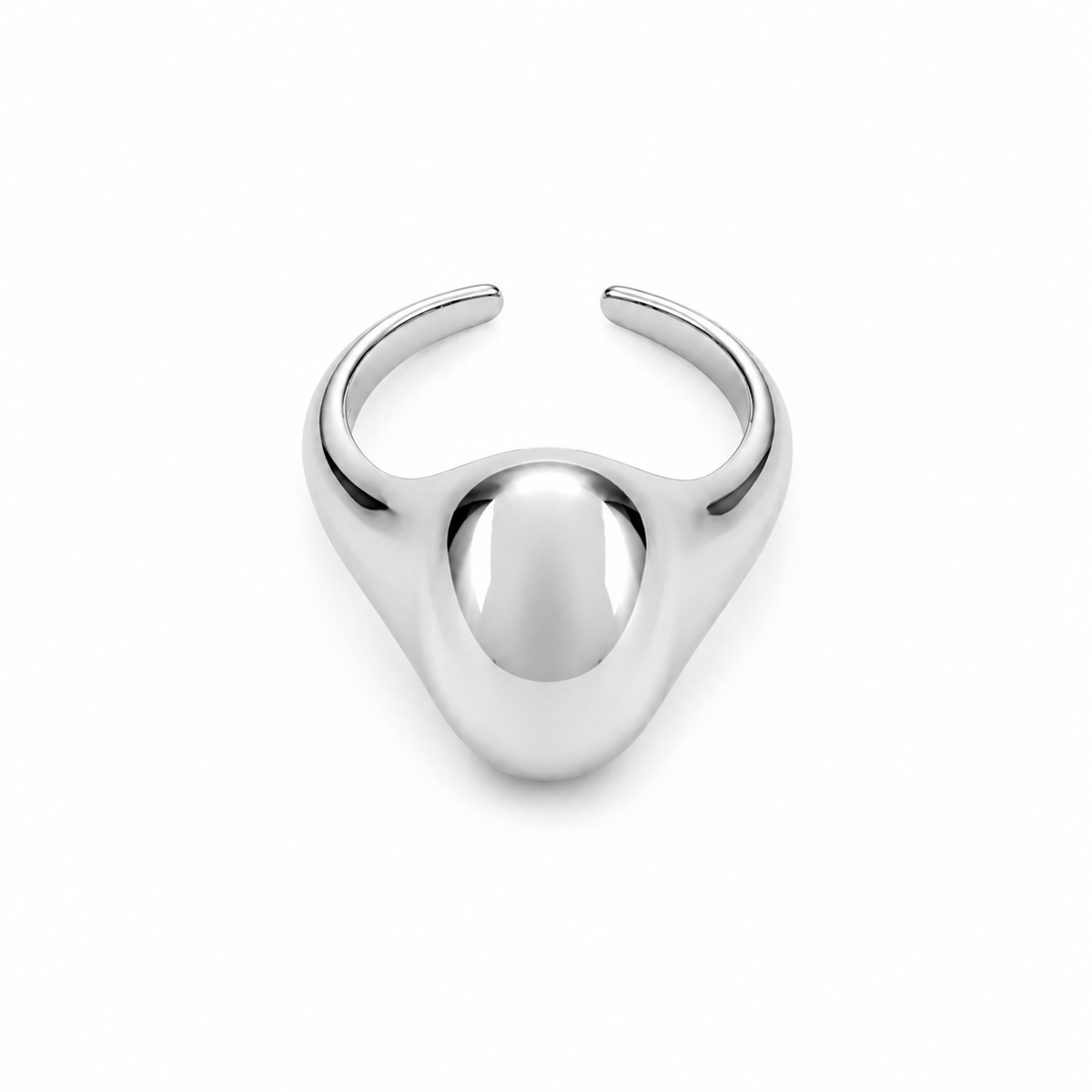 A sleek silver open ring features a prominent, smooth dome centerpiece against a clean white background.