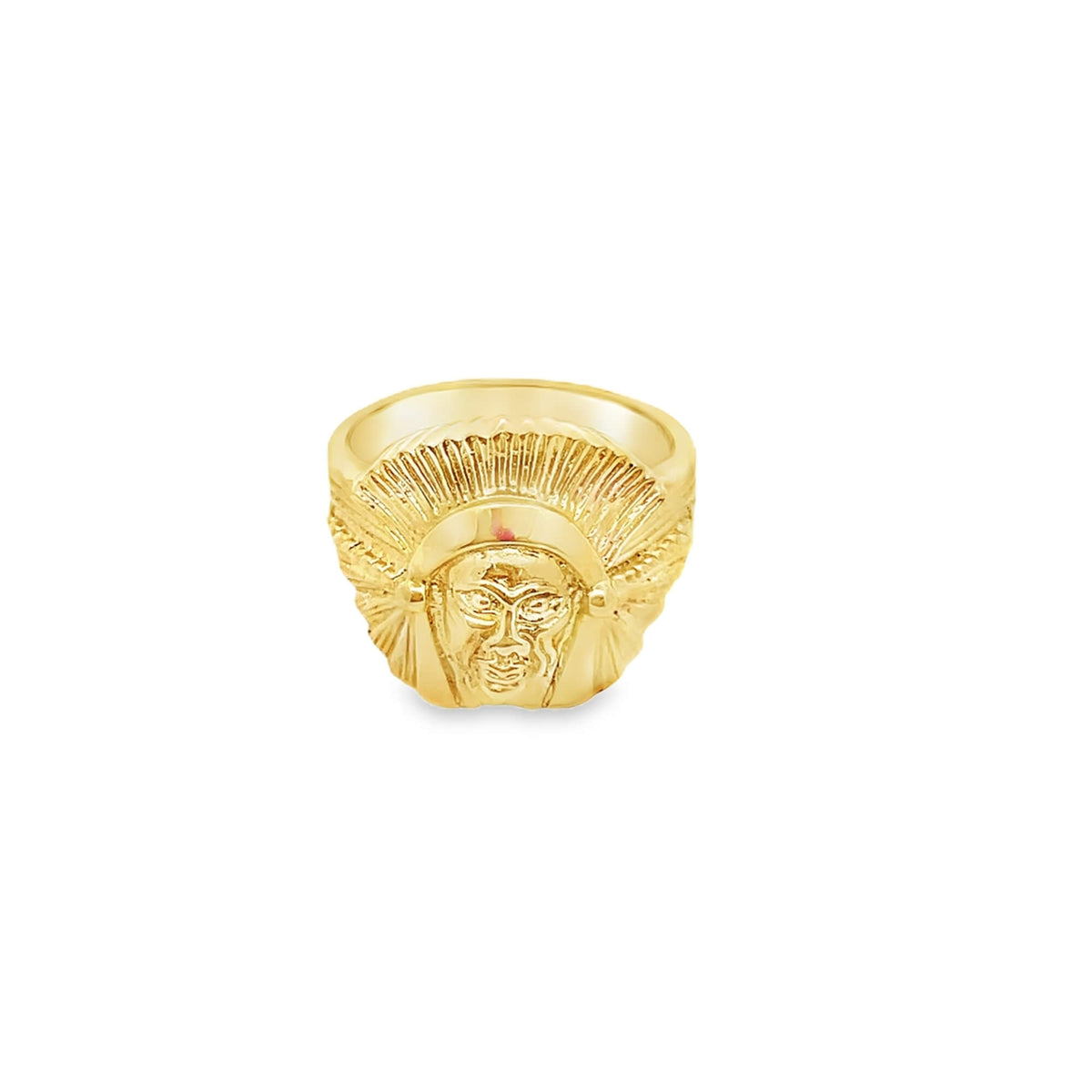 A polished gold ring features an intricate Native American chief wearing a traditional feathered headdress.