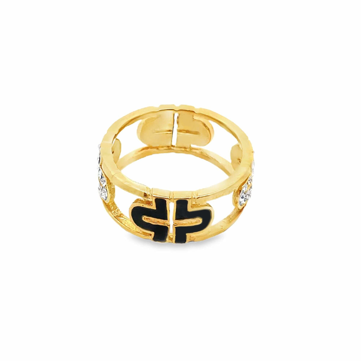 A gold double-band ring features a black enamel logo design and sparkling crystal accents on a clean white background.