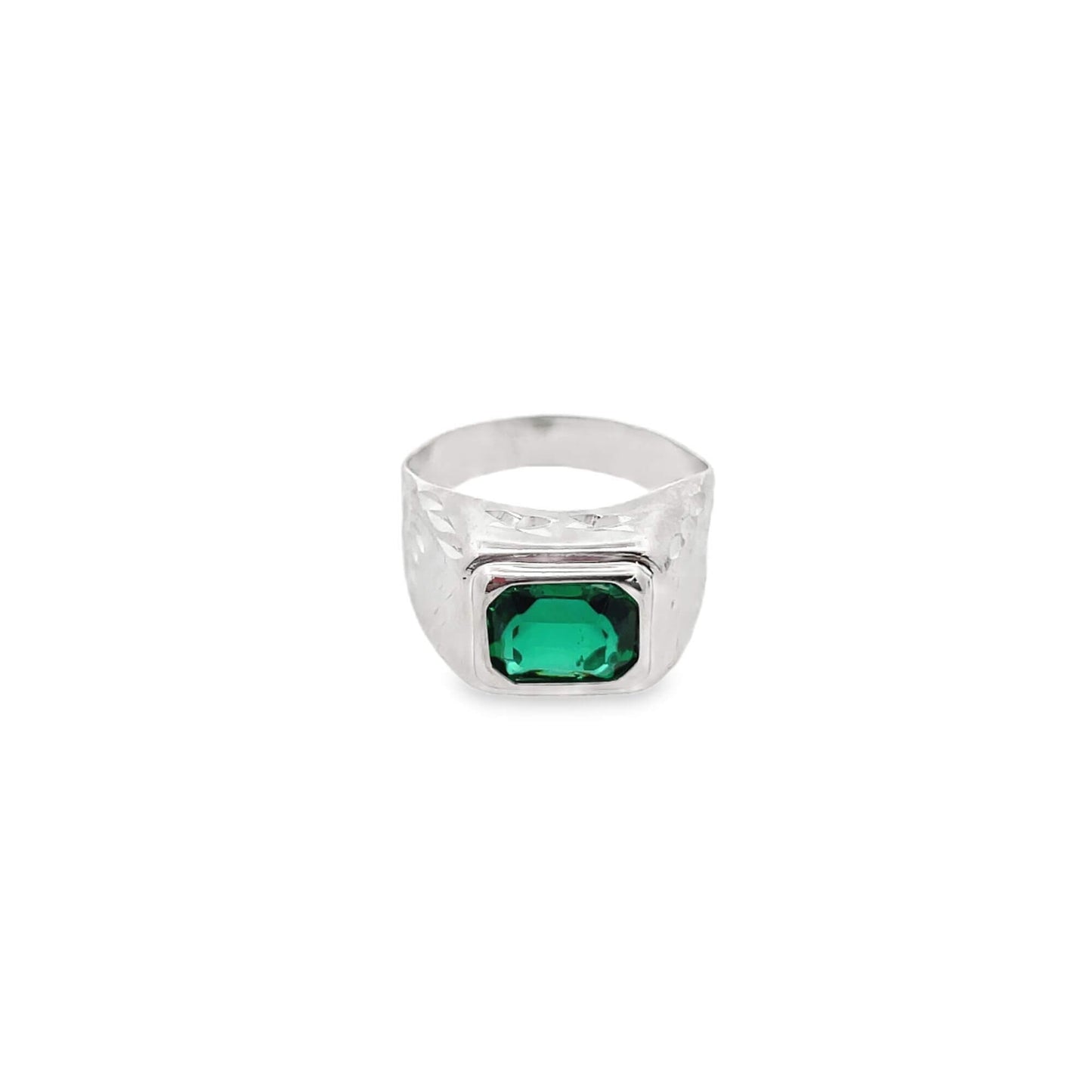 A silver signet ring features a striking emerald-cut green gemstone centered on a textured band against a clean white background.