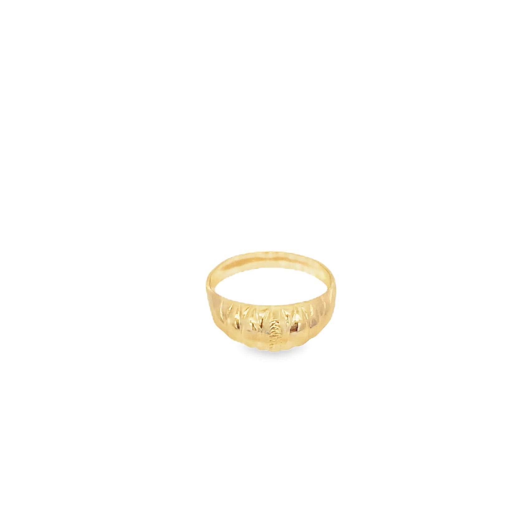 A polished yellow gold croissant dome ring rests against a clean white background.