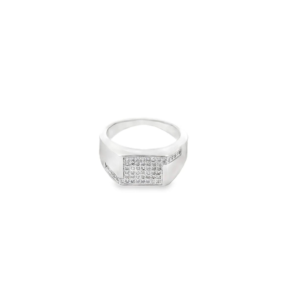 A sleek silver signet ring sparkles with a square cluster of pave-set diamonds against a clean white background.