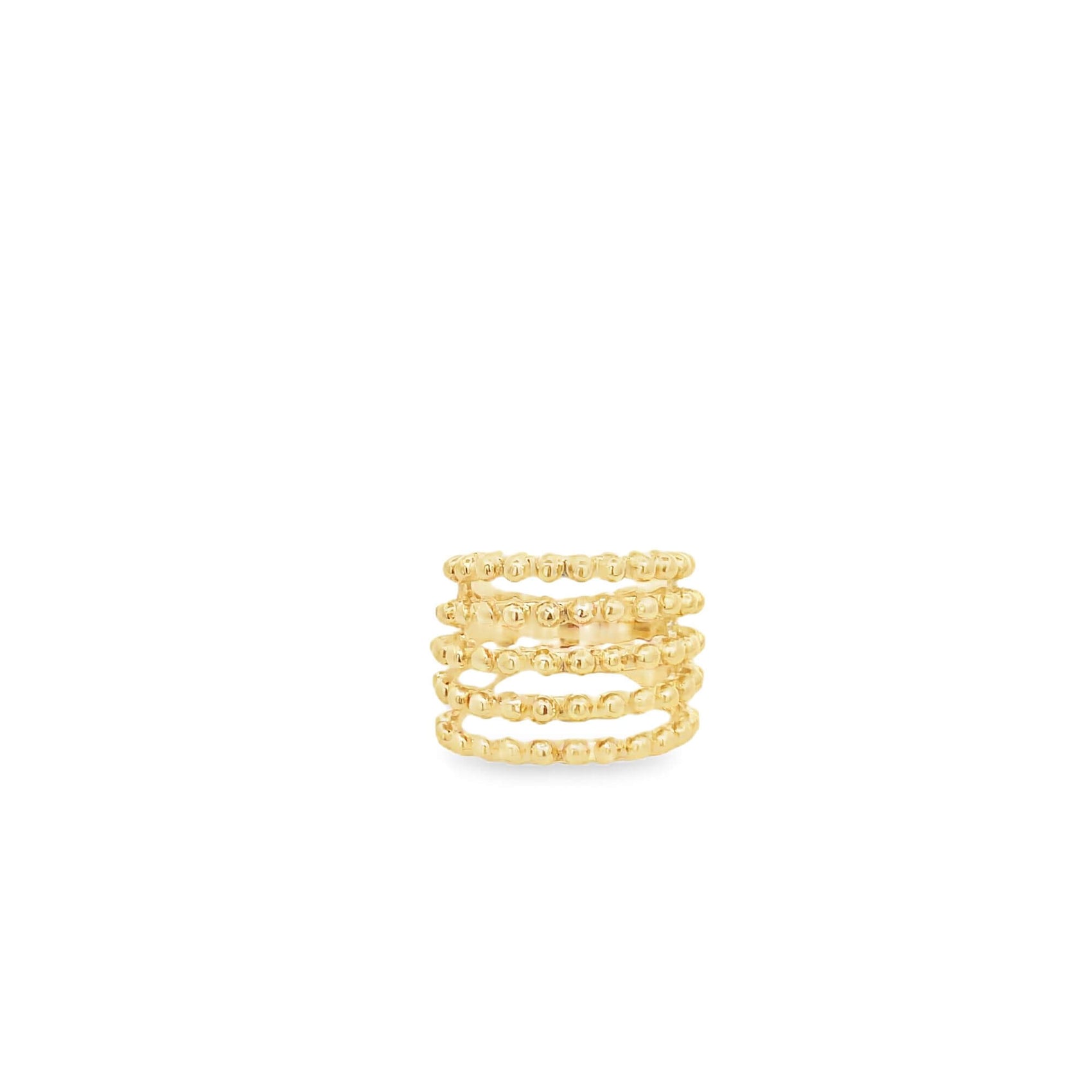 A shiny gold multi-band ring features delicate beaded detailing across five stacked rows.