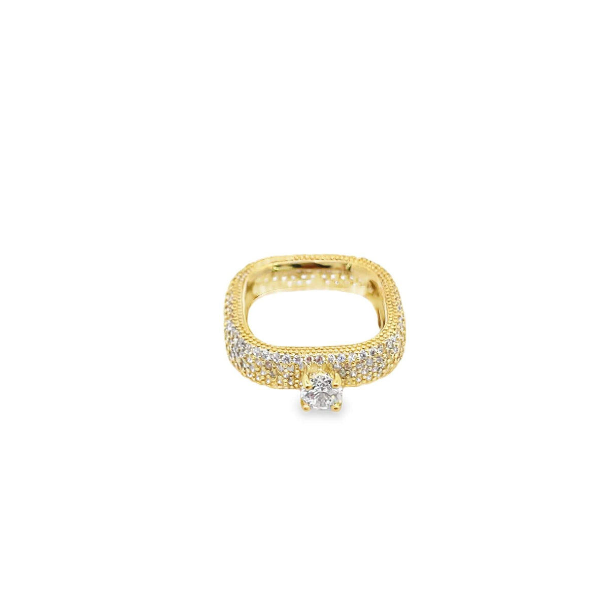 A gold square-shaped ring with pavé-set diamonds features a prominent round center stone against a clean white background.