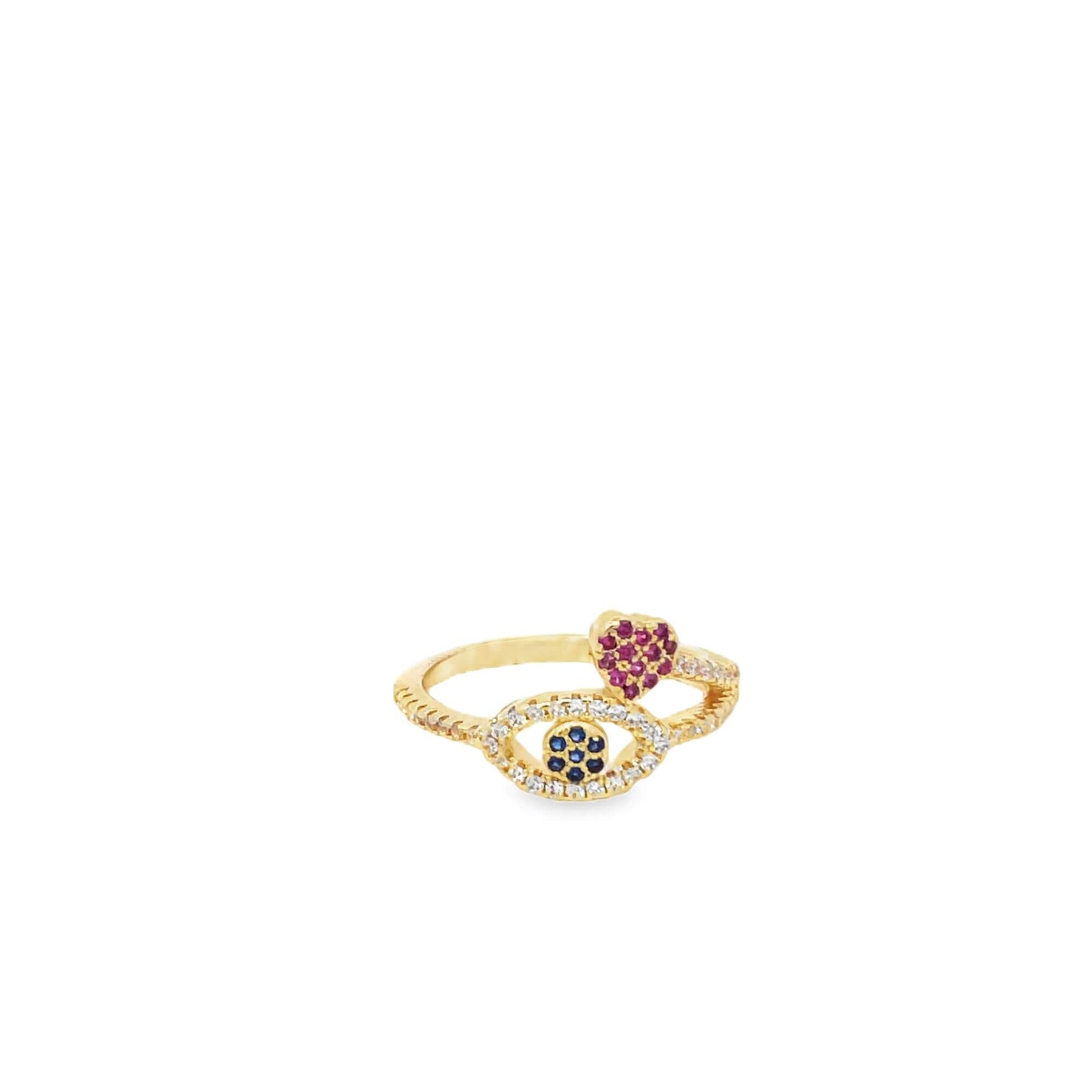 A delicate gold ring showcases a sparkling evil eye motif accented with blue sapphires and a charming pink heart.