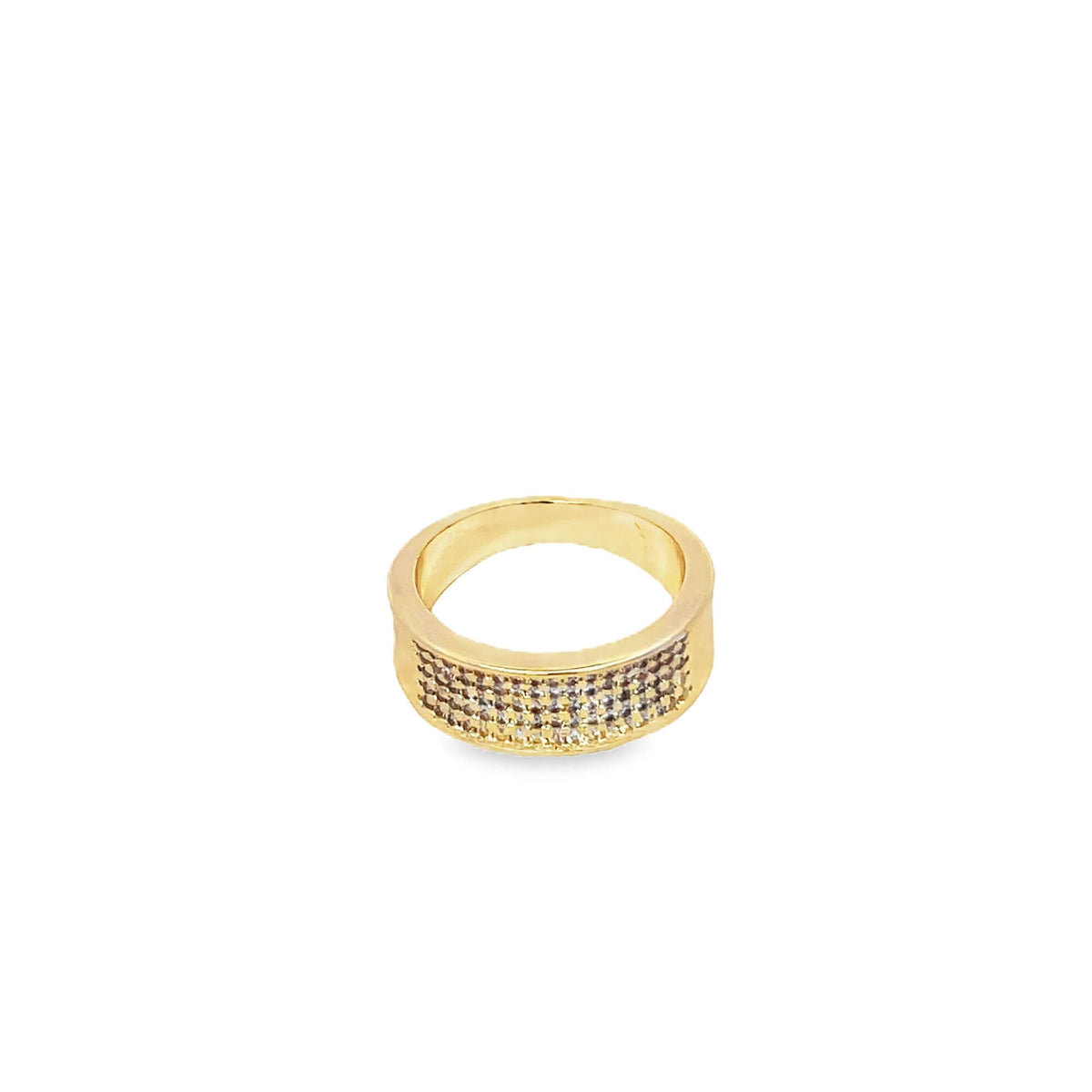 A gold band ring features two sparkling rows of pavé-set stones against a clean white background.