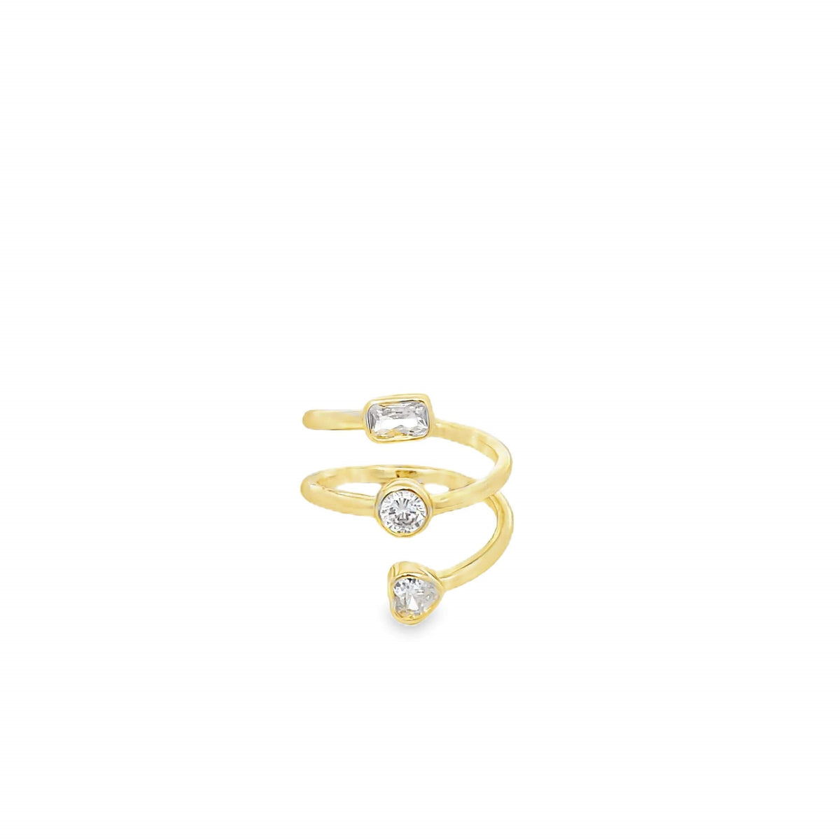 A gold multi-stone spiral ring features three different diamond cuts against a clean white background.