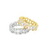 Two interlocking eternity bands featuring alternating emerald and pear-cut cubic zirconia stones sparkle against a white background, with one band in polished silver and the other in gold.