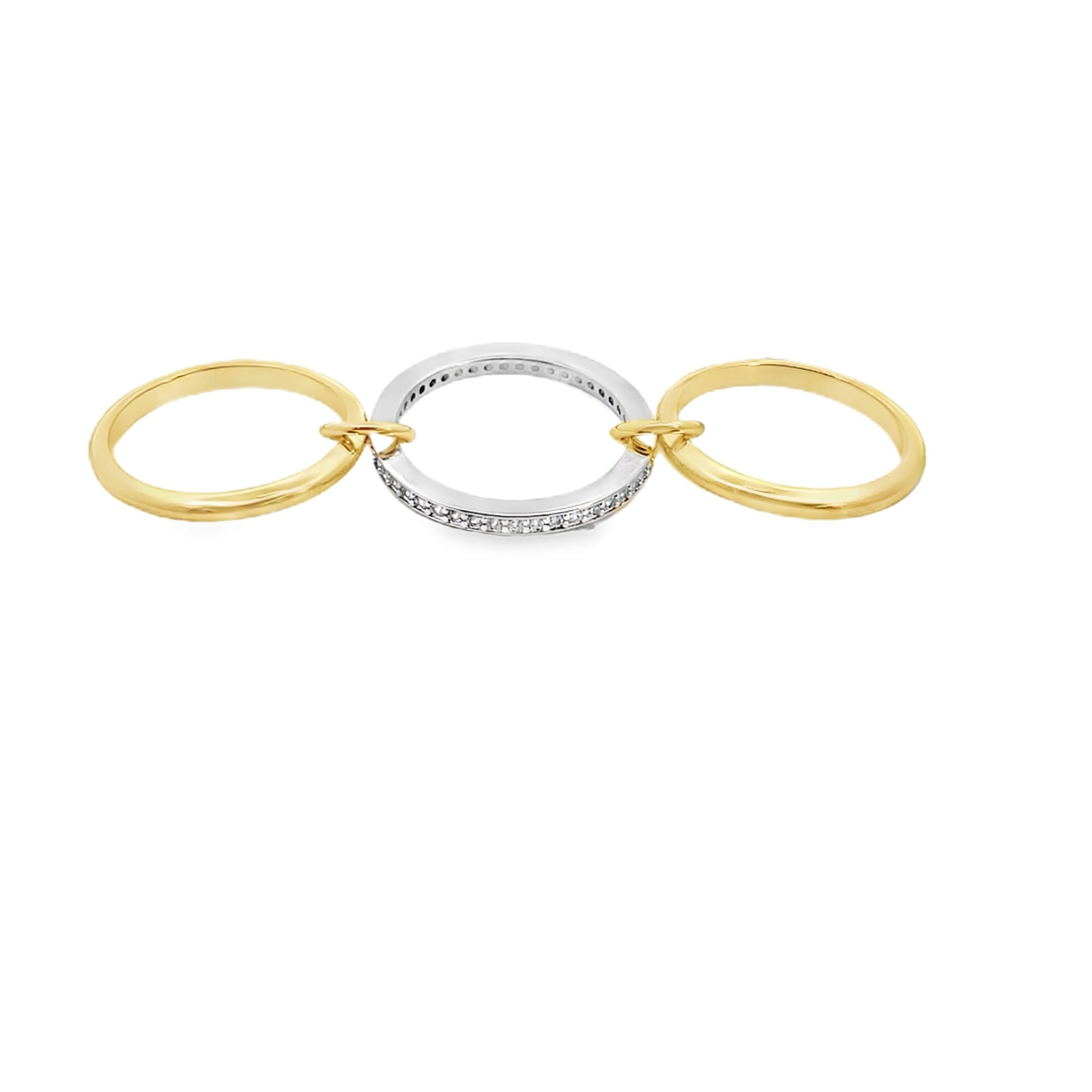 Modern gold interlocking circle charm with pavé CZ center. Perfect connector for necklaces, bracelets, and layered jewelry styles.