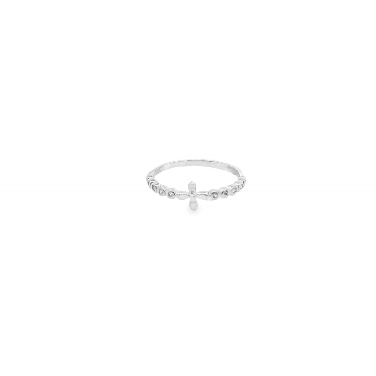 A delicate silver ring features a small cross centerpiece flanked by sparkling stone accents on a clean white background.