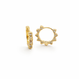 Stylish sunburst huggie hoop earrings with CZ stones. Geometric mini hoops available in gold or silver. Perfect for stacking or everyday wear.