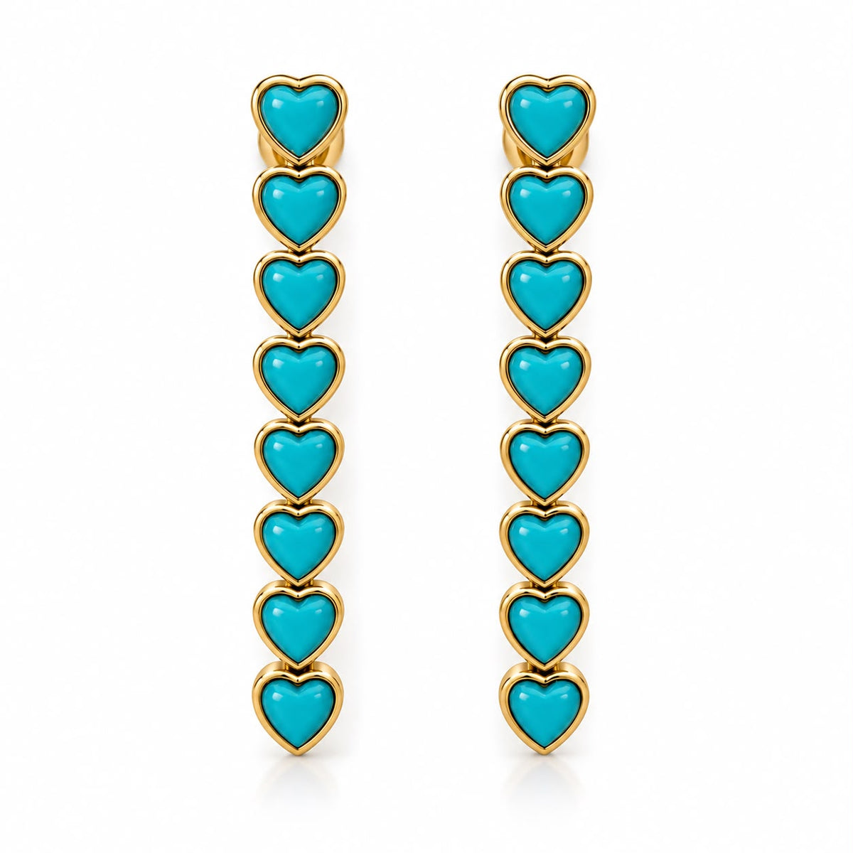 Shop elegant heart-shaped drop earrings featuring linked heart stones and an 18K Gold Filled finish. A sophisticated statement style available in multiple colors.