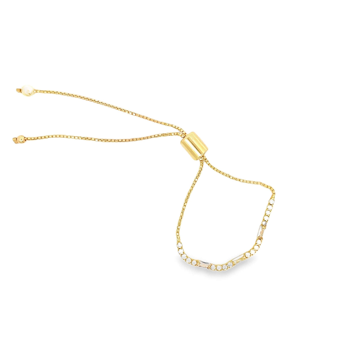 A delicate gold adjustable slider bracelet sparkles with embedded cubic zirconia stones against a white background.