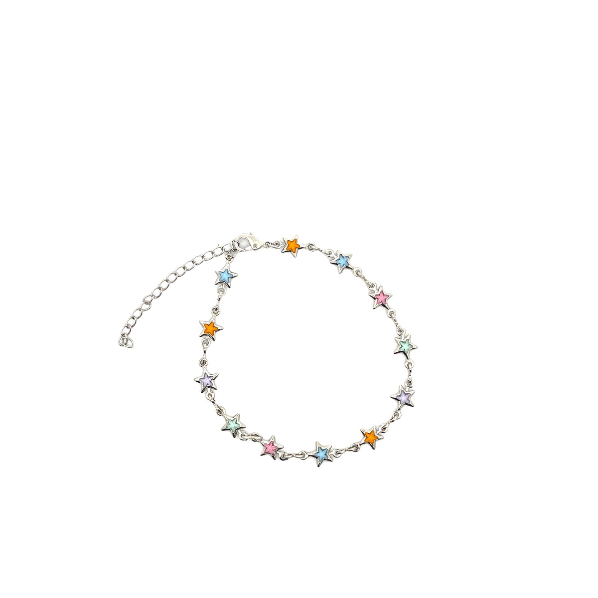 A silver-tone charm bracelet features colorful enamel star accents and an adjustable chain.