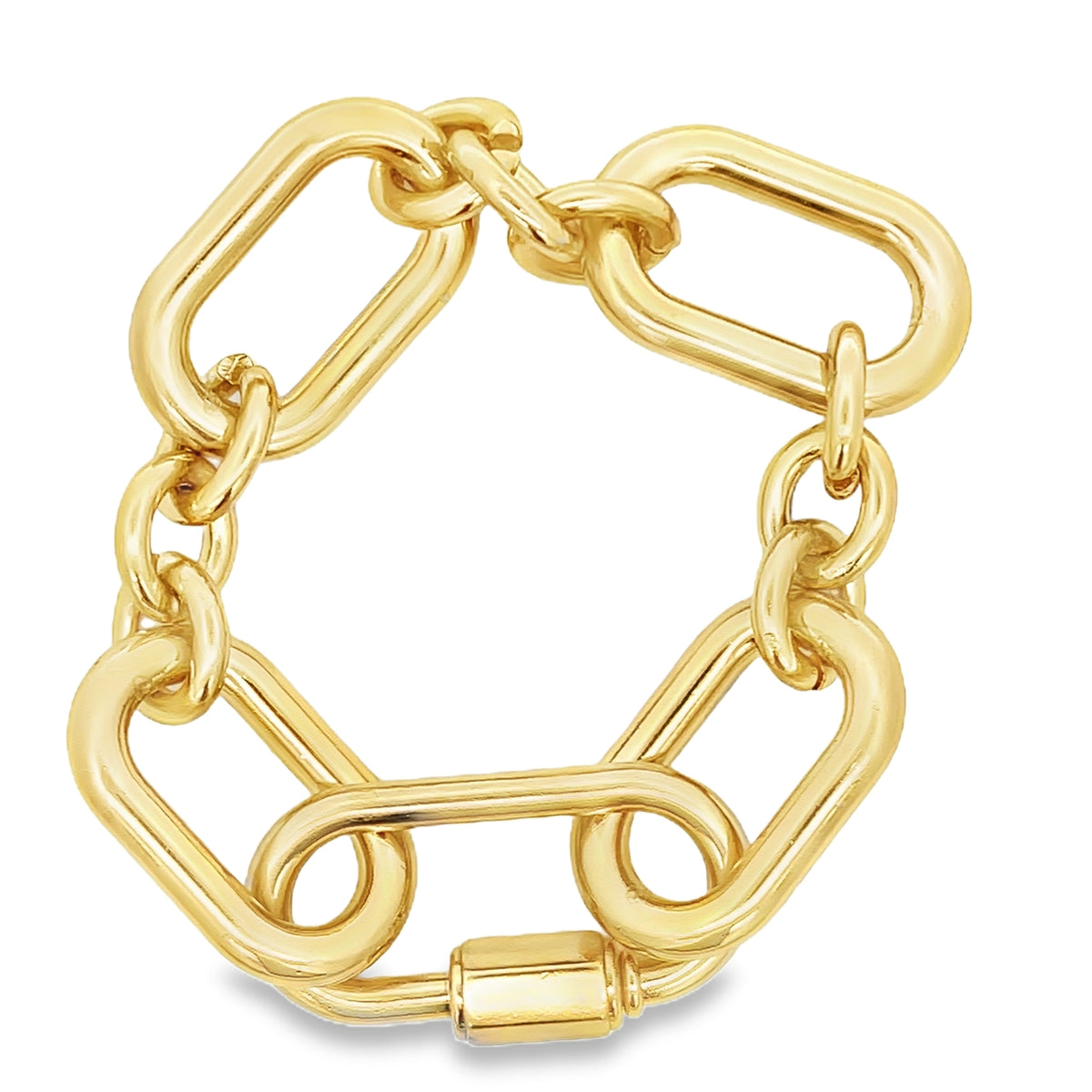 A thick gold link chain bracelet curves against a white background.