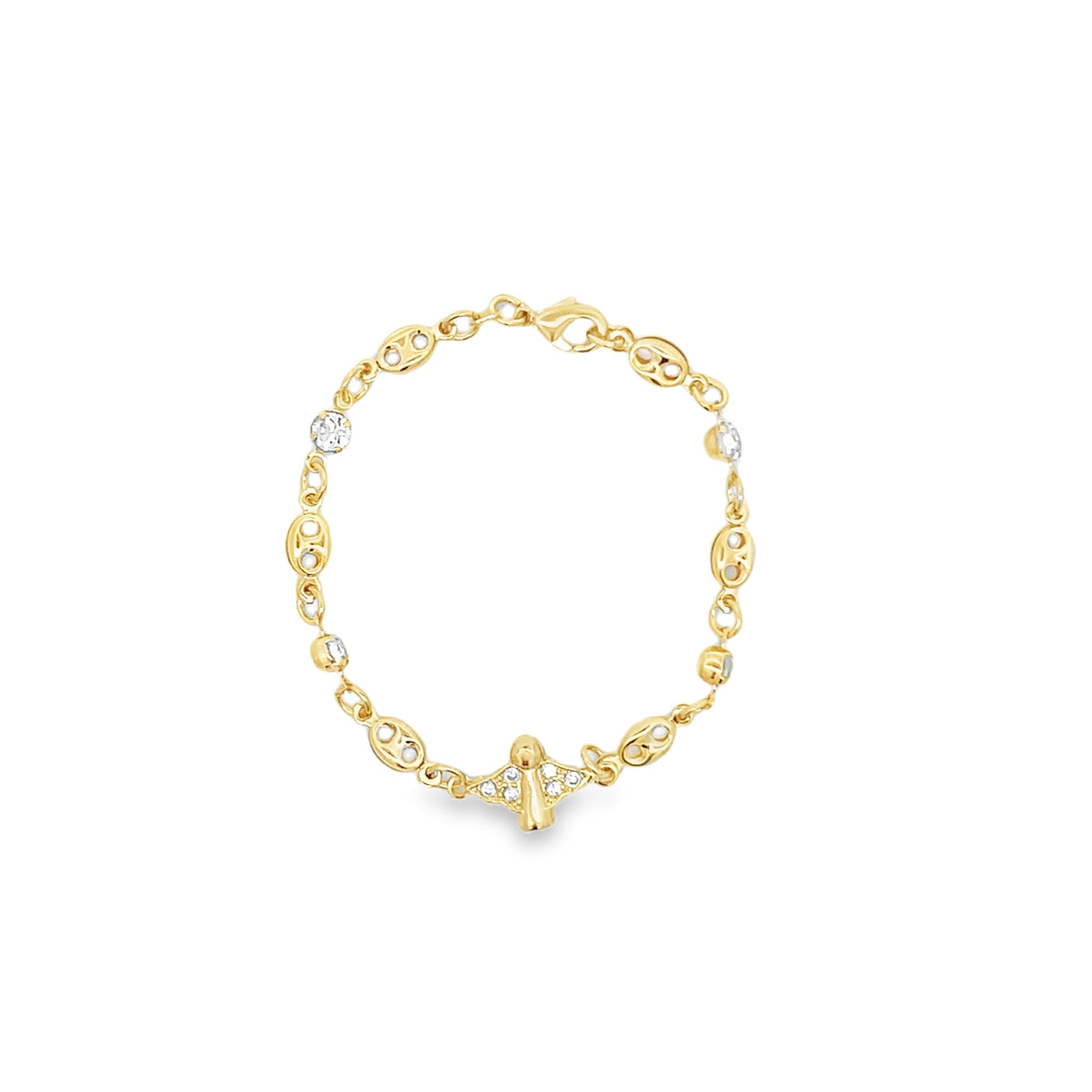 A delicate gold bracelet features an angel charm adorned with sparkling cubic zirconia stones and patterned links.