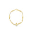 A delicate gold bracelet features an angel charm adorned with sparkling cubic zirconia stones and patterned links.