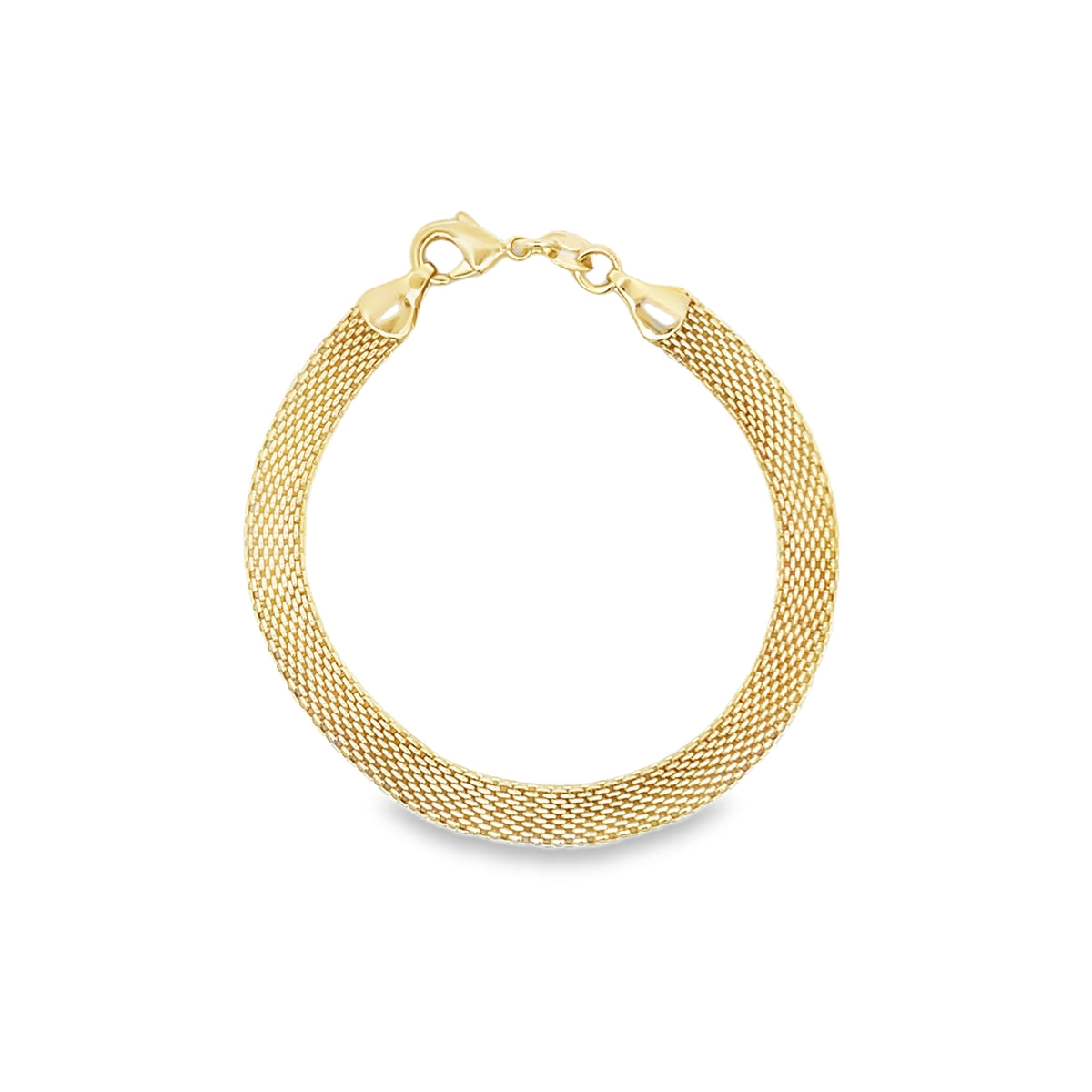 A polished gold mesh bracelet curves against a white background, featuring a secure lobster clasp.