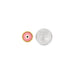 A small round pink evil eye stud earring rests next to a US dime for size comparison.