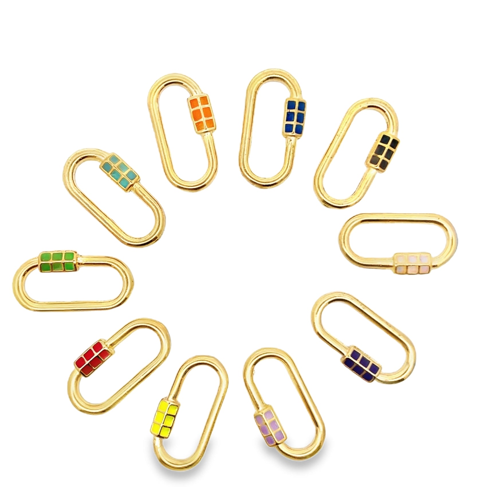 Ten gold charm lock connectors, each featuring colorful enamel accents, form a circle against a white background.