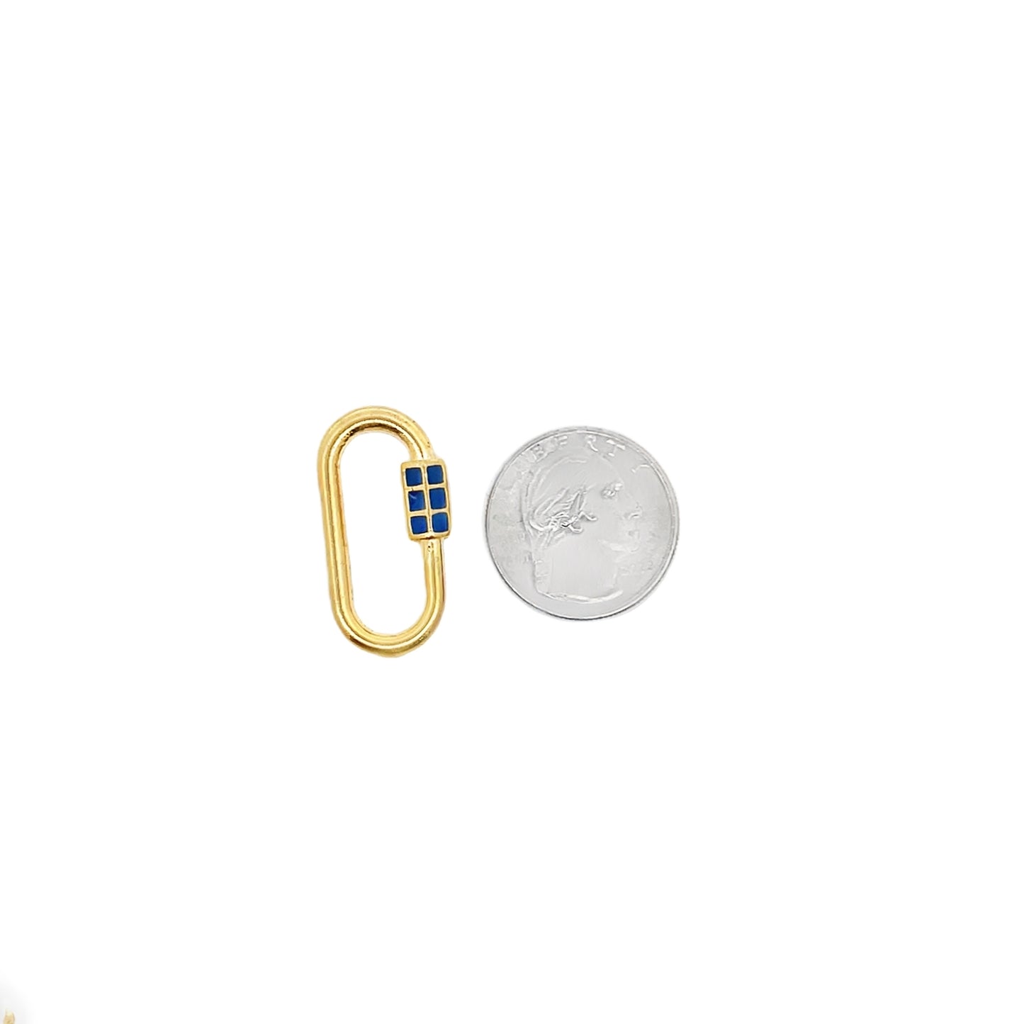 A gold oval charm clasp accented with four blue square enamel insets sits next to a US dime for size comparison.