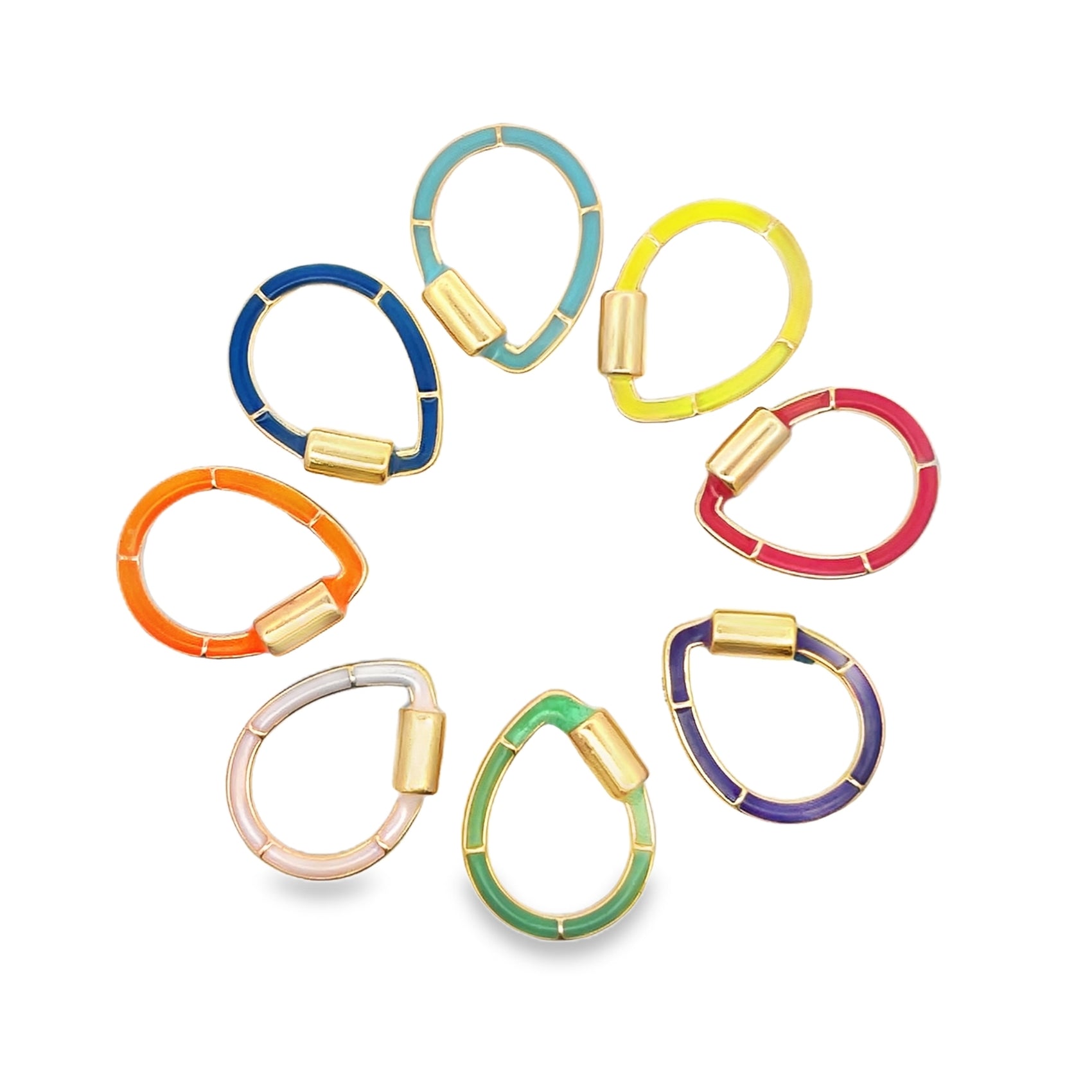 A colorful assortment of teardrop-shaped enamel charm connector rings arranged in a circle on a white background.