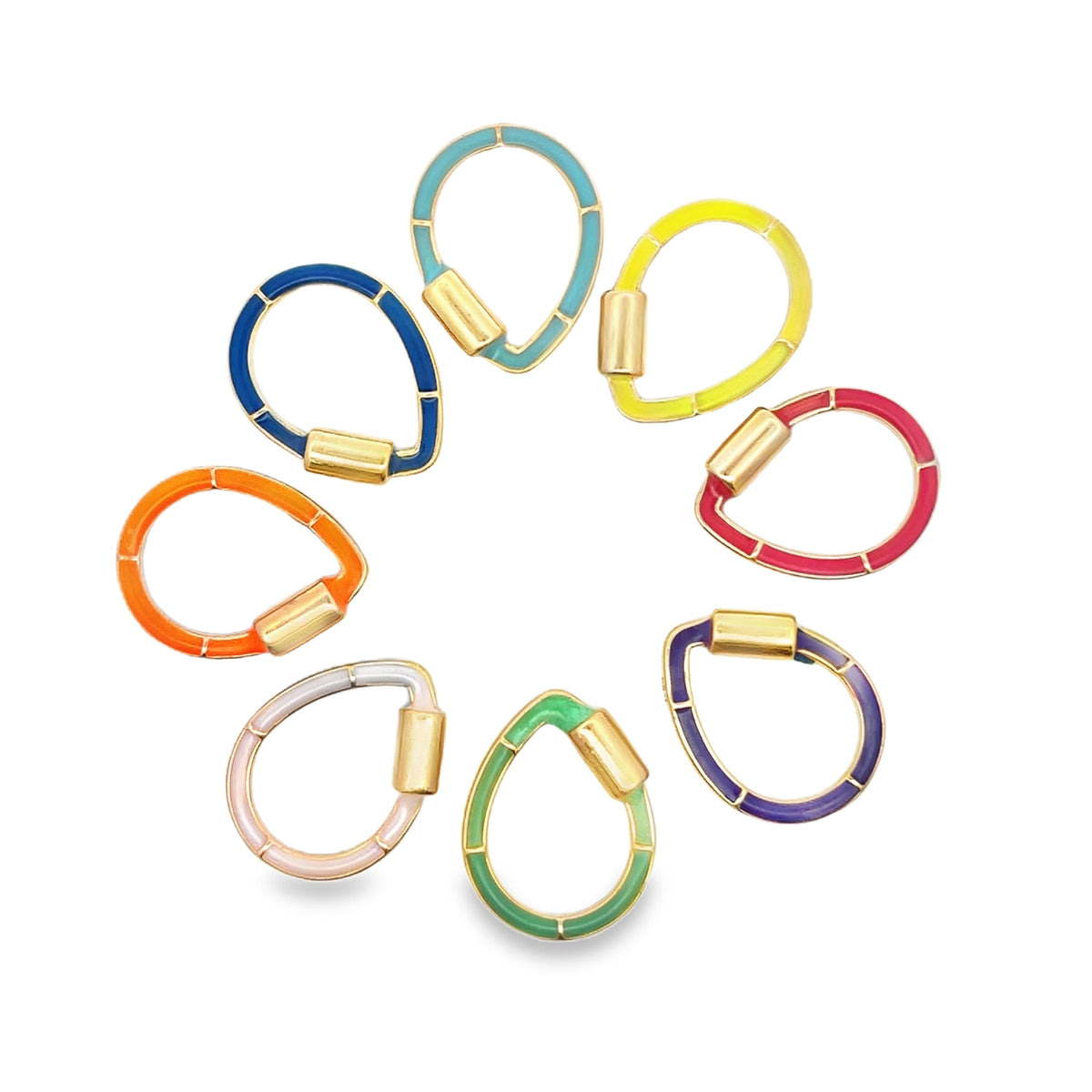 A colorful assortment of teardrop-shaped enamel charm connector rings arranged in a circle on a white background.