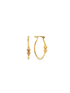 A pair of gold hoop earrings features two textured bead charms centered along the bottom curve.