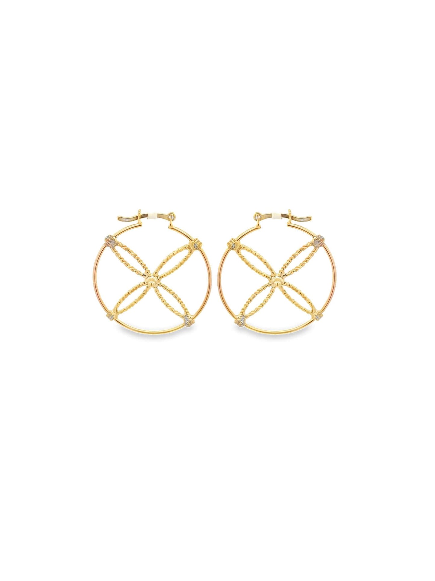 A pair of gold hoop earrings features an intricate crisscross geometric design inside each circle.