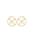 A pair of gold hoop earrings features an intricate crisscross geometric design inside each circle.