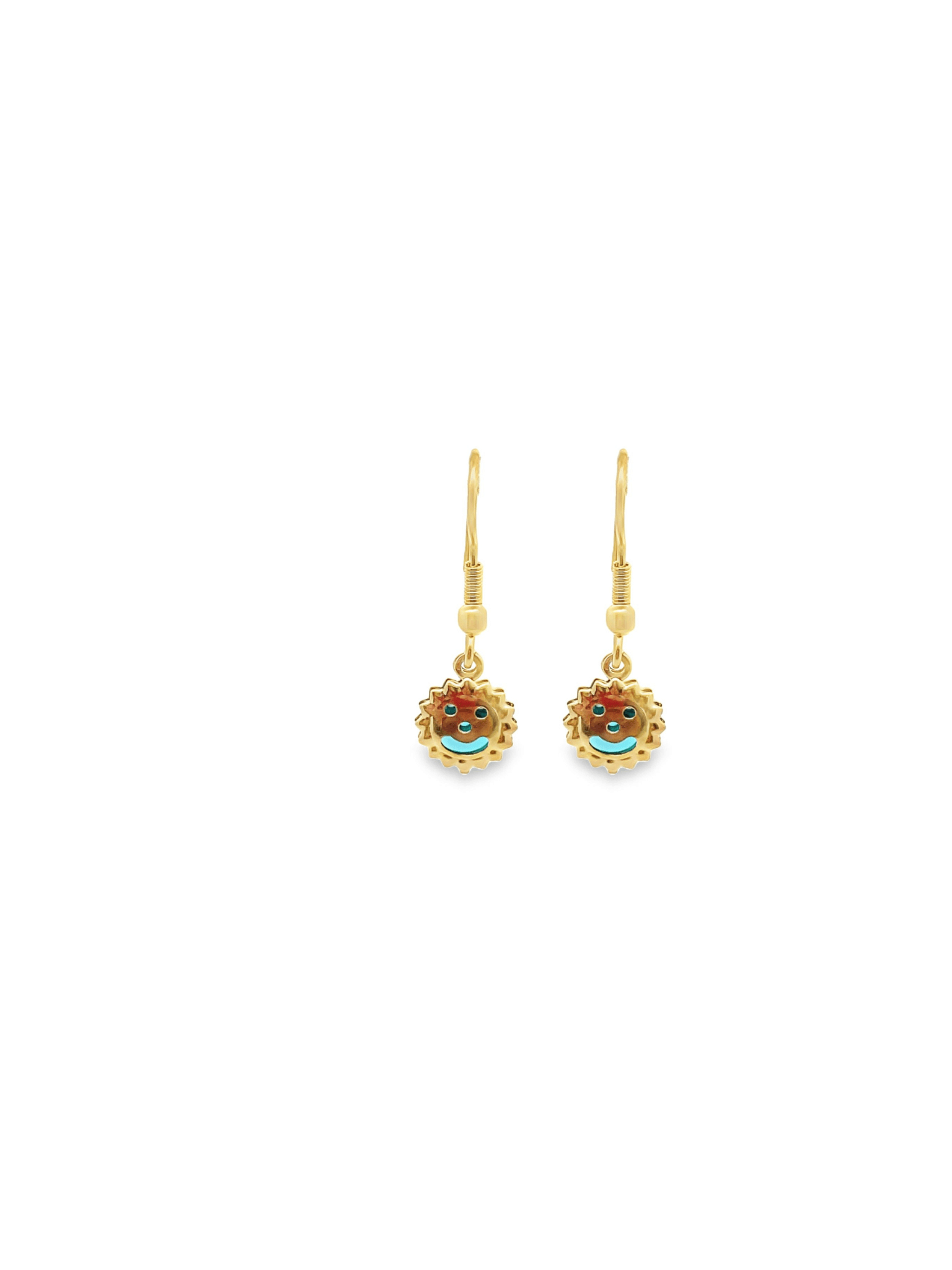 A pair of gold dangle earrings features charms shaped like smiling suns with blue enameled faces against a plain white background.