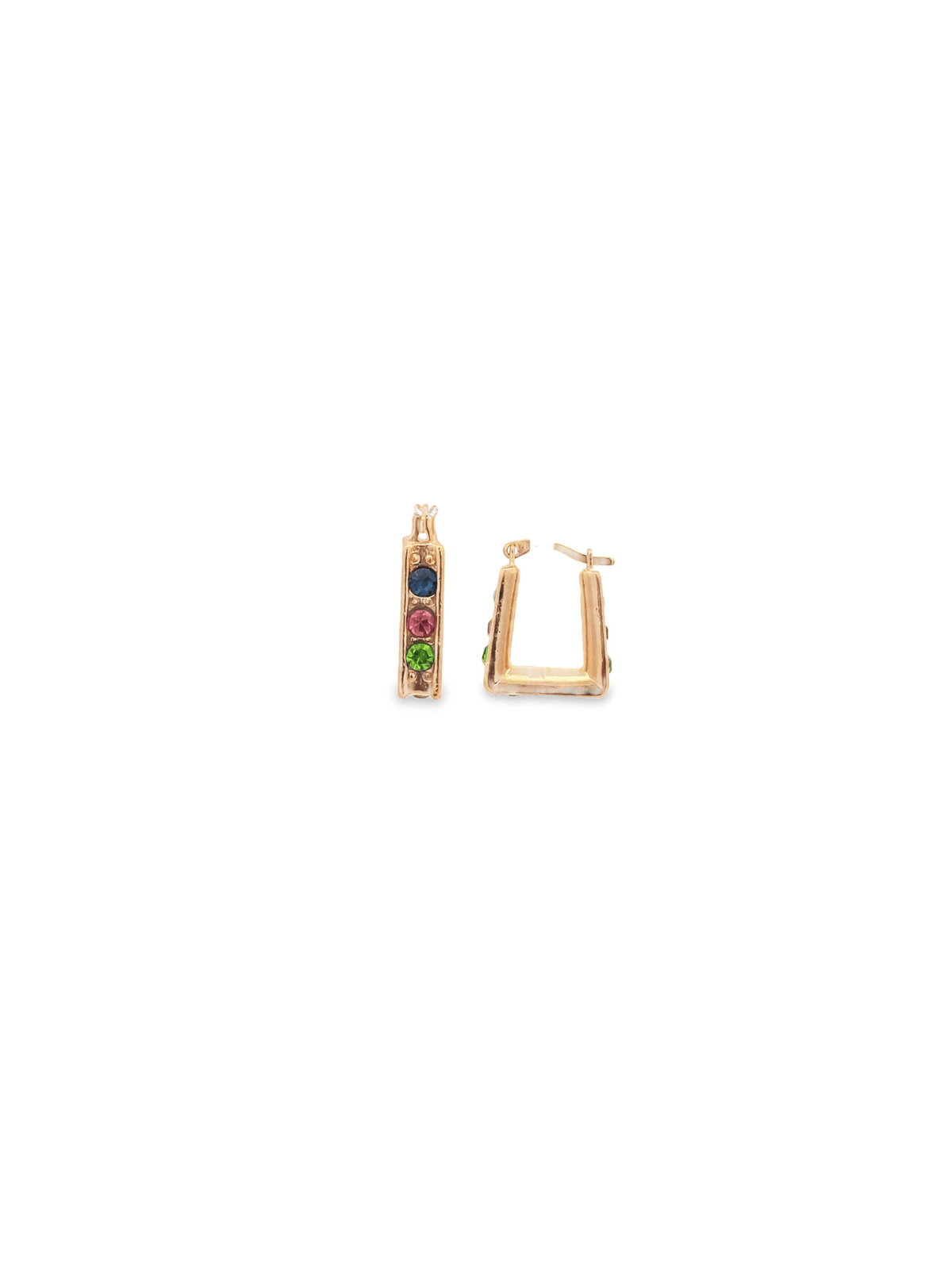 A pair of gold square hoop earrings features a vertical line of blue, pink, and green gemstones on one side.