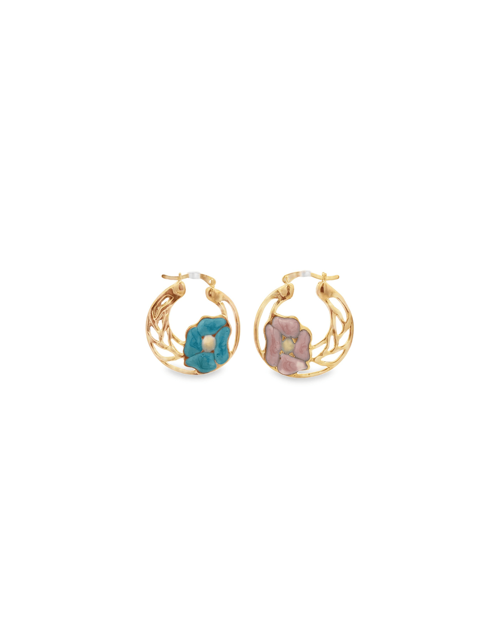 A pair of gold hoop earrings features intricate filigree designs and is adorned with colorful enamel flowers in blue and pink.