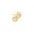 A pair of shiny gold croissant dome hoop earrings rests on a clean white background.