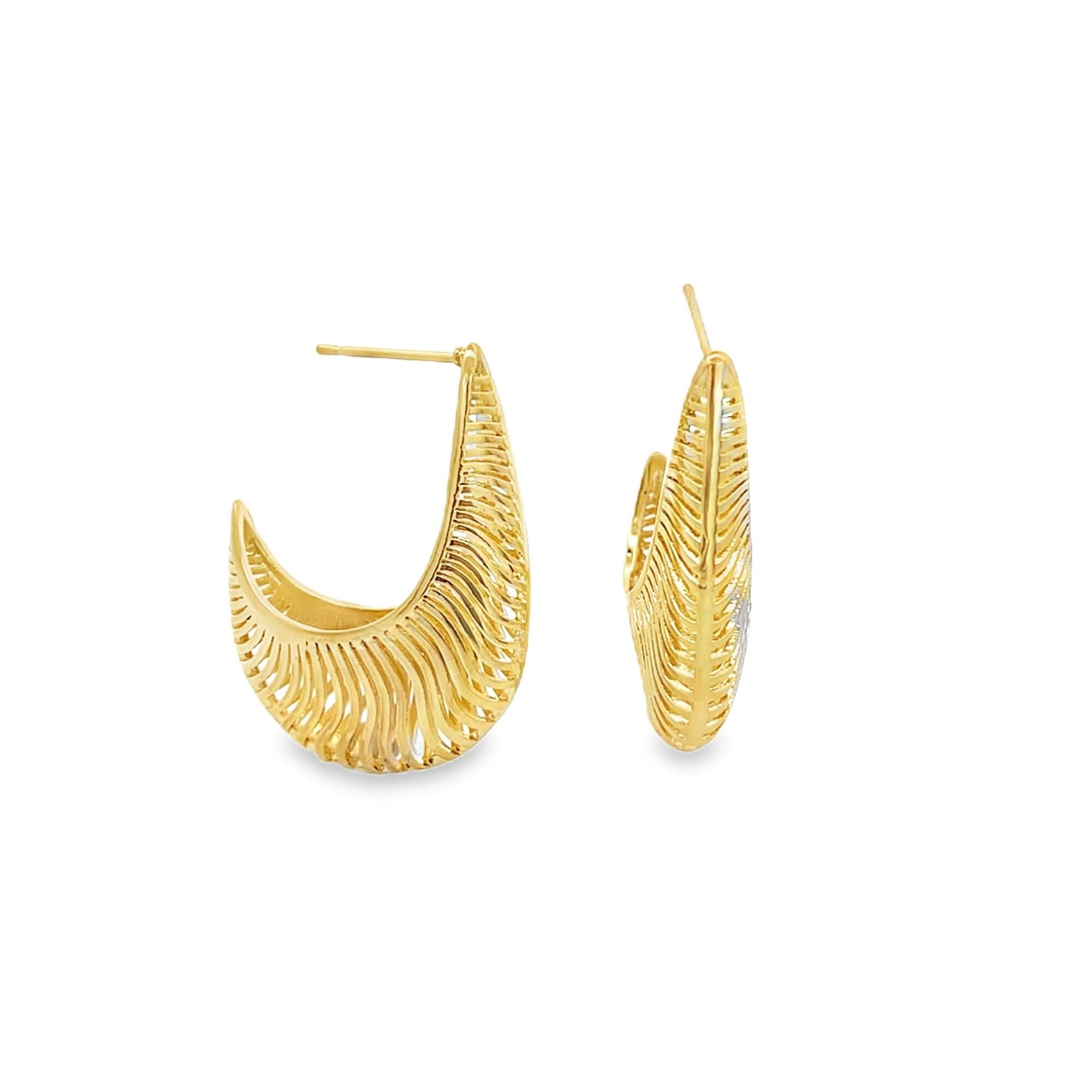 A pair of gold filigree hoop earrings display an intricate, feather-like openwork design against a clean white background.