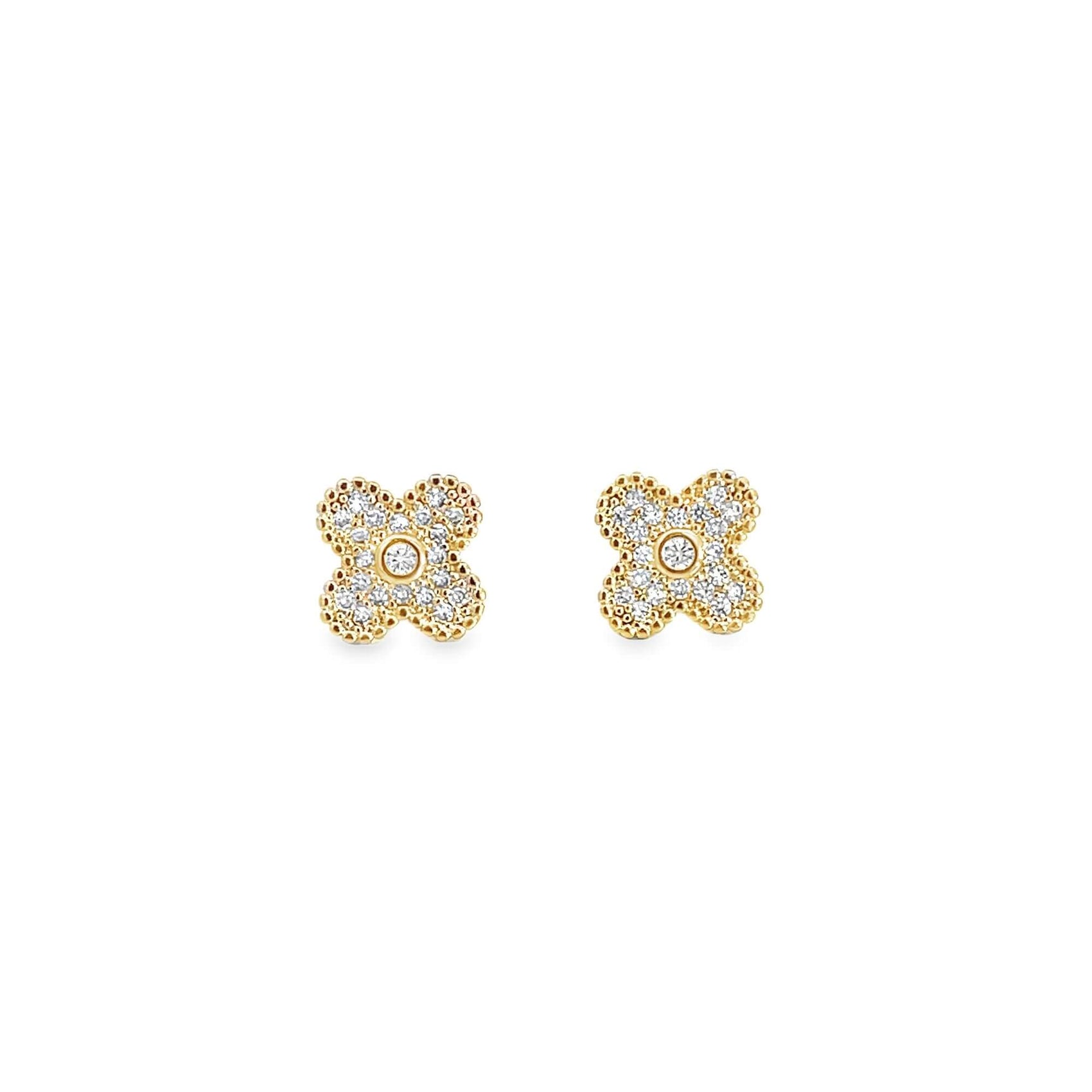 A pair of gold diamond clover stud earrings sparkles against a clean white background.