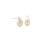 A pair of teardrop-shaped stud earrings features a polished silver finish with warm gold accents.