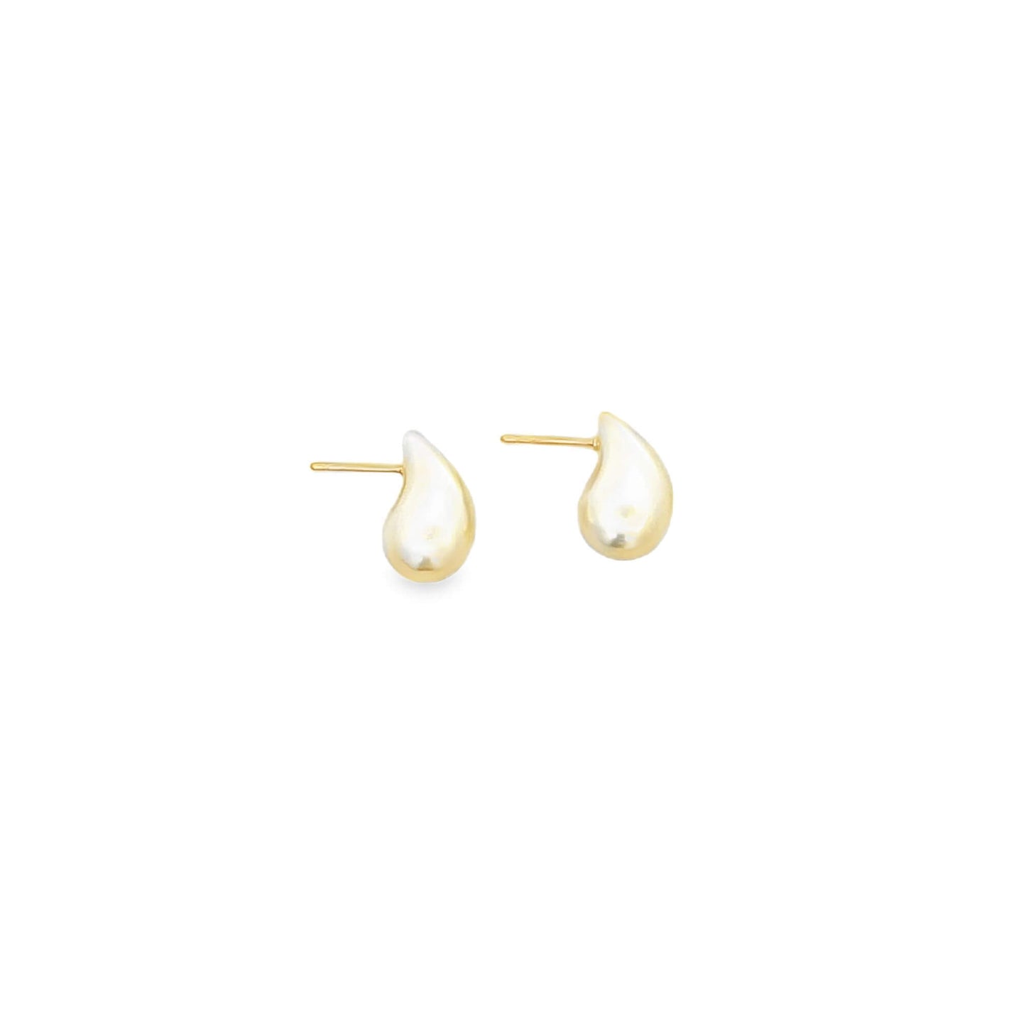 A pair of shiny gold teardrop stud earrings sits against a clean white background.