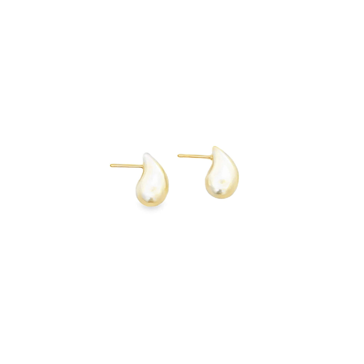 A pair of shiny gold teardrop stud earrings sits against a clean white background.