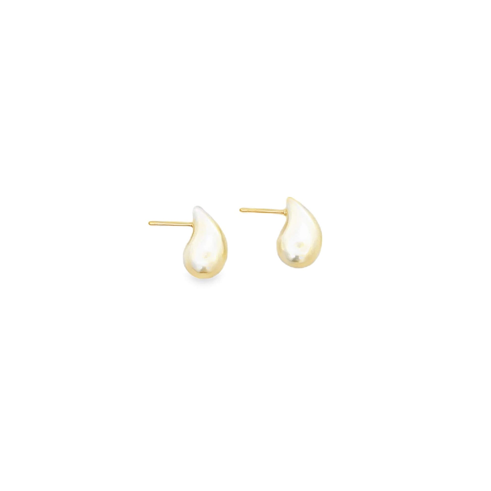 A pair of shiny gold teardrop stud earrings sits against a clean white background.
