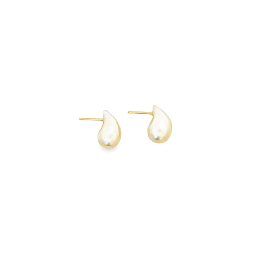 A pair of shiny gold teardrop stud earrings sits against a clean white background.