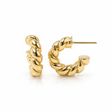 Classic twisted rope hoop earrings crafted in 18K Gold Filled and Rhodium. Lightweight, polished, hypoallergenic hoops for everyday wear.