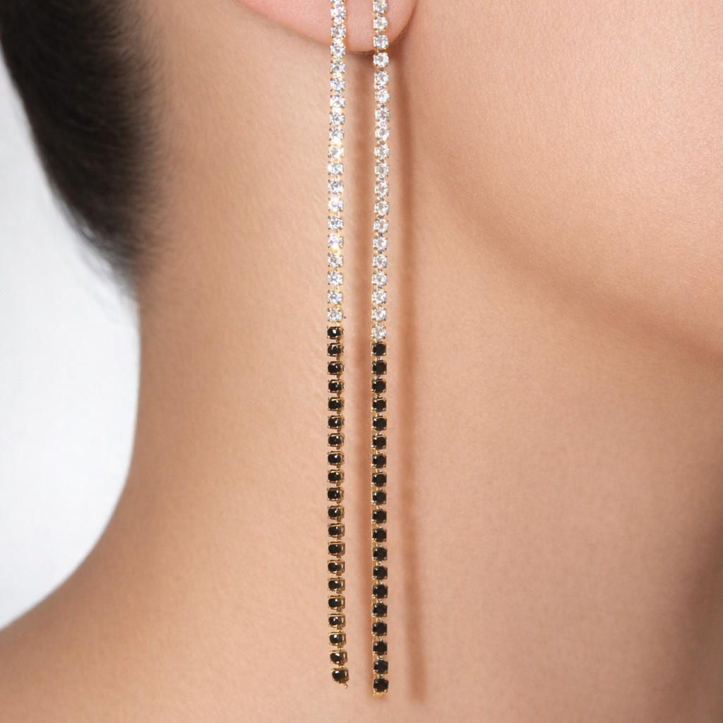 Elegant long tennis drop earrings with CZ stones and color detail. Lightweight dangle earrings perfect for special occasions or everyday glam.