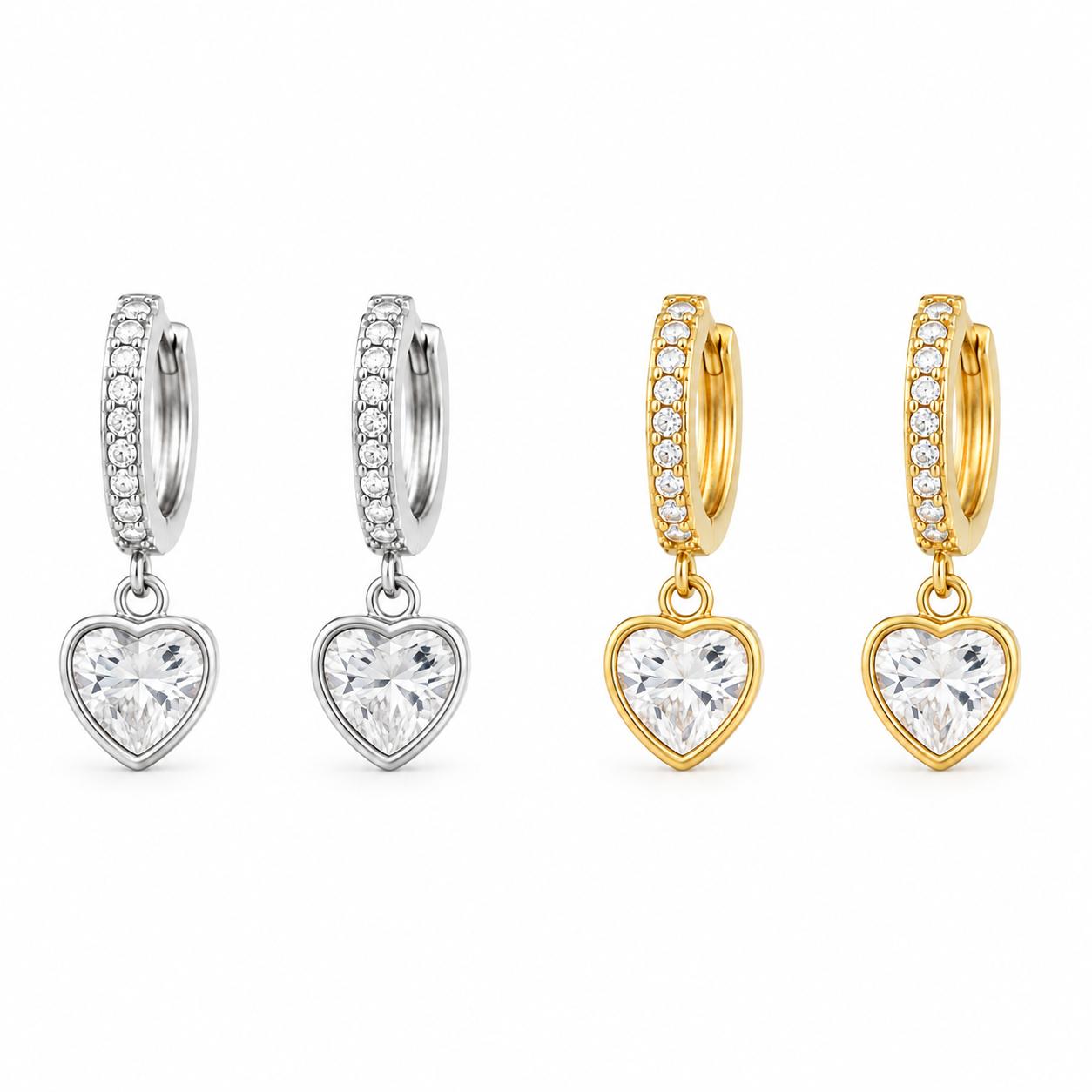 Elegant 18K Gold Filled pave huggie earrings featuring sparkling heart-cut CZ drop charms. Lightweight, hypoallergenic, tarnish resistant, and perfect for everyday wear or gifting.