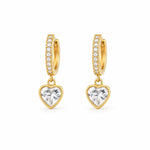 Elegant 18K Gold Filled pave huggie earrings featuring sparkling heart-cut CZ drop charms. Lightweight, hypoallergenic, tarnish resistant, and perfect for everyday wear or gifting.