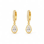 Shop pear-cut CZ drop huggie earrings featuring sparkling pavé hoops and teardrop cubic zirconia stones. 18K Gold Filled in Gold and Rhodium.