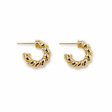 Classic twisted rope hoop earrings crafted in 18K Gold Filled and Rhodium. Lightweight, polished, hypoallergenic hoops for everyday wear.