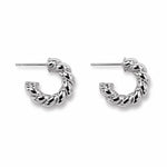 Classic twisted rope hoop earrings crafted in 18K Gold Filled and Rhodium. Lightweight, polished, hypoallergenic hoops for everyday wear.